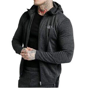 SikSilk NWT Tonal Check Agility Zip Through Drawstring Hoodie, Grey Men’s Size S